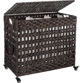 Brown PP Rattan 3-Basket Laundry Hamper Sorter Cart with Removable Cotton Bags