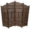 Benzara Hand Carved Foldable 4 Panel Wooden Partition Screen/RoomDivider,Brown