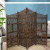 Benzara Hand Carved Foldable 4 Panel Wooden Partition Screen/RoomDivider,Brown