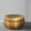 32 Inch Artisanal Round Drum Coffee Table, Hammered Embossed Texturing, Aluminum, Antique Brass