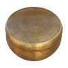 32 Inch Artisanal Round Drum Coffee Table, Hammered Embossed Texturing, Aluminum, Antique Brass