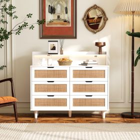 43.31"6-Drawers Rattan Storage Cabinet Rattan Drawer with LED Lights and Power Outlet,for Bedroom,Living Room (Color: White)