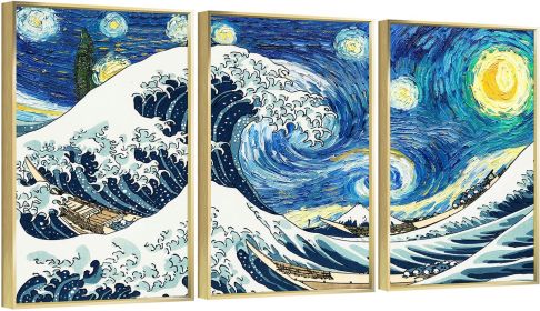 Framed Canvas Wall ArtOil Paintings Impressionism Aesthetic Prints Canvas Paintings for Living Room Bedroom Office Home; 3 Panels (GOLD: 24*36)